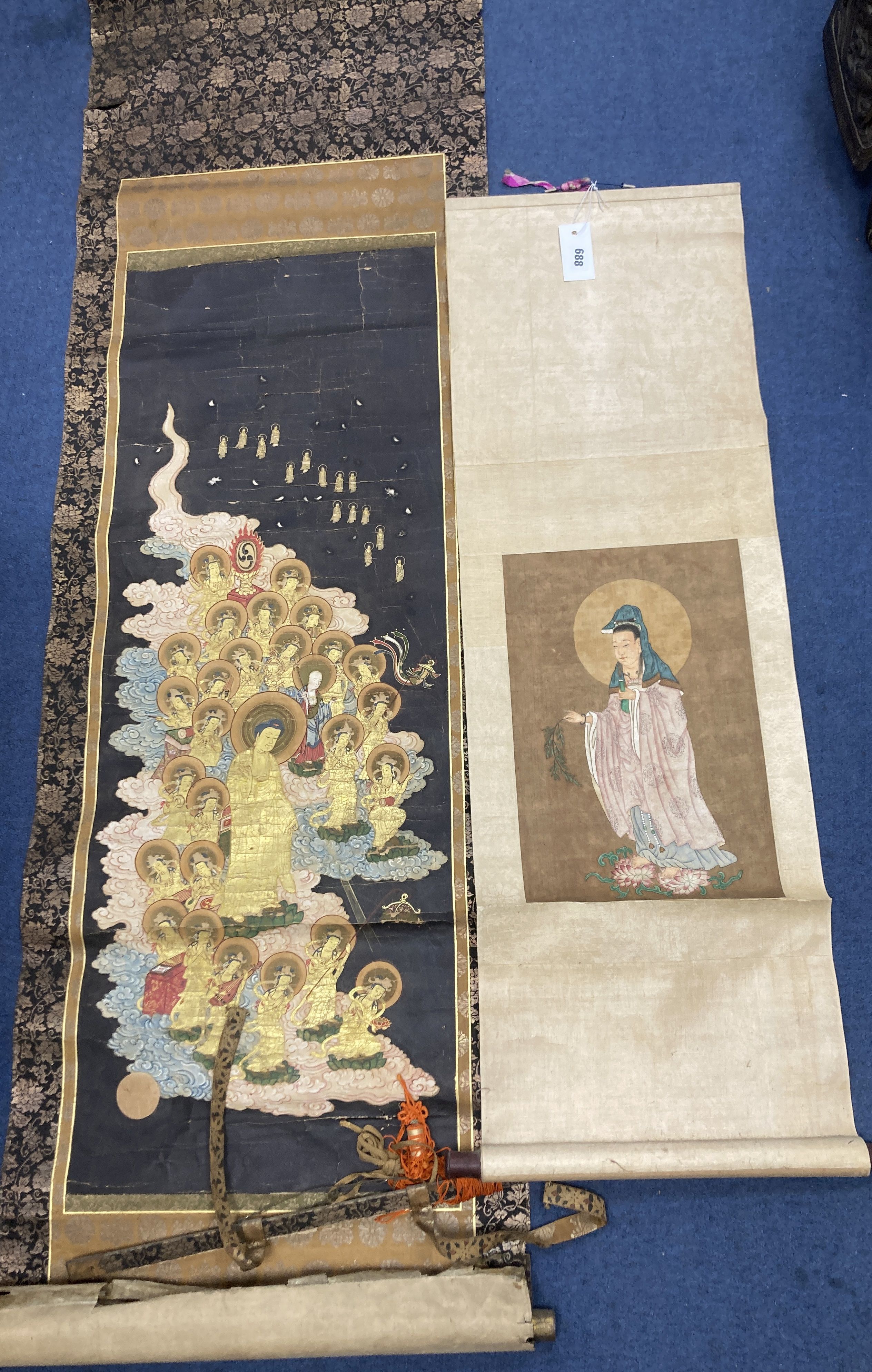 A Chinese scroll painting on silk of Guanyin, early 20th century, image 37 x 24.5cm and a Japanese Meiji period scroll painting of Budd